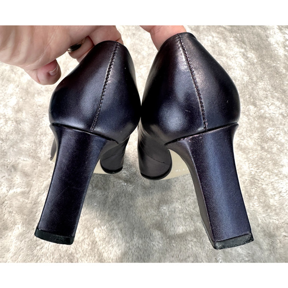 Nine West Vintage Navy Blue Metallic Leather Pumps Y2K 90s Square Toe Womens 6.5 - Picture 4 of 9